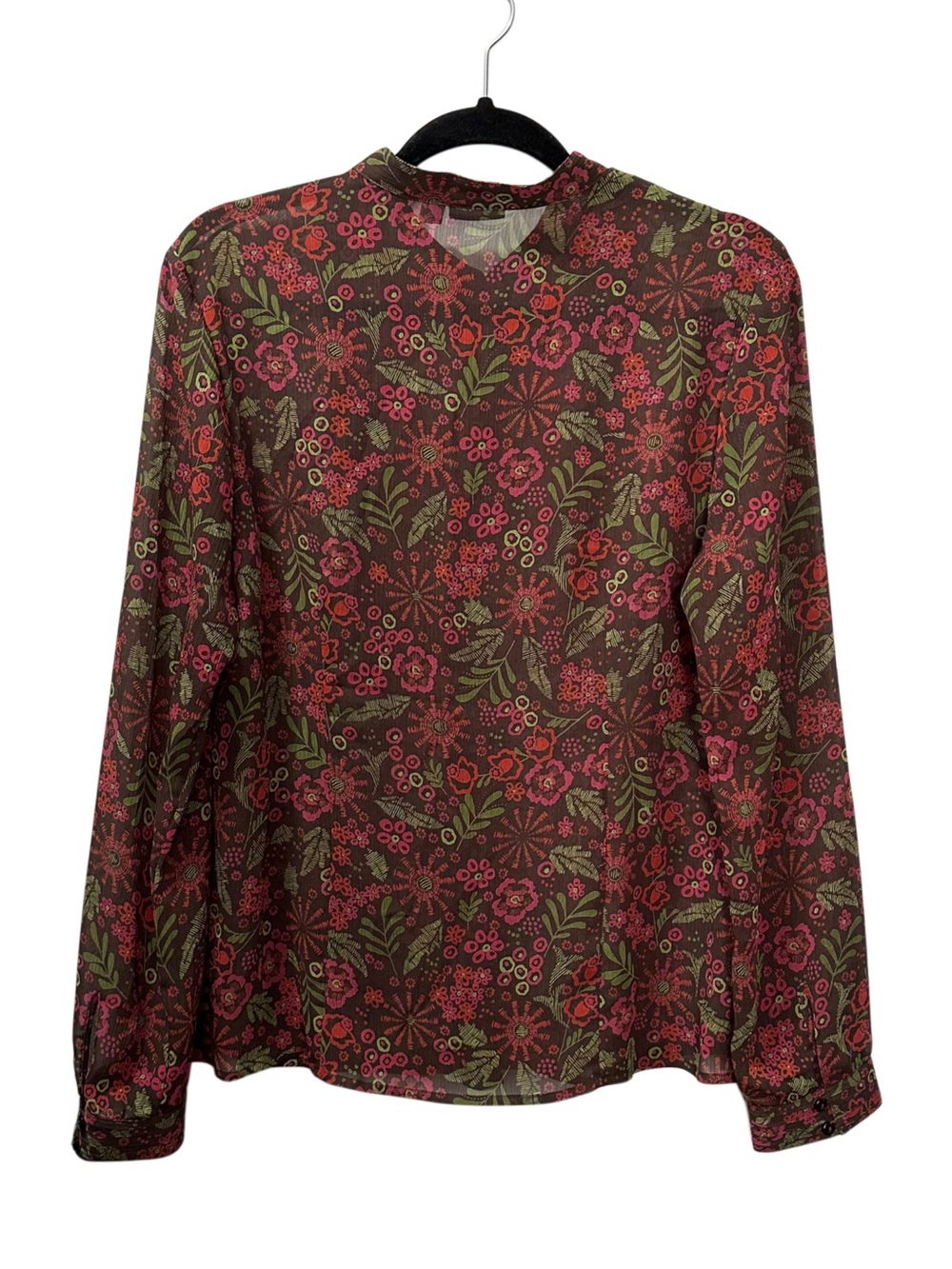 Apt 9 Floral Sheer Blouse Velvet Trim Pintuck Long Sleeve Brown Pink L - Picture 2 of 11